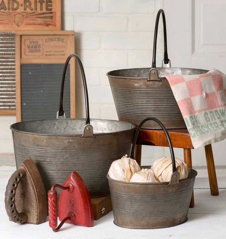 Rustic Set of Three Round Buckets with Handles