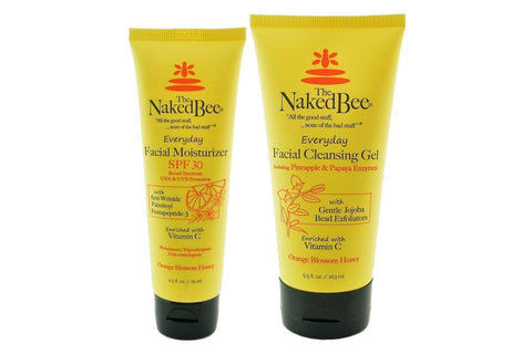 Naked Bee 5.5oz Facial Cleansing Gel for Gentle Exfoliation & 2.5oz SPF 30 Facial Moisturizer with Anti-Wrinkle Properties, Orange Blossom Honey