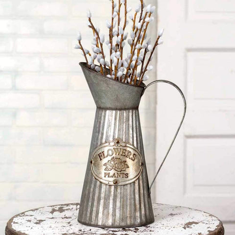 CTW 770006 Vintage Inspired Decorative Tall Pitcher With Handle For Artificial Dried Flowers or Kitchen Utensils, Tapered Galvanized Metal, Rustic Farmhouse Style Home Decor, Gray and Brown