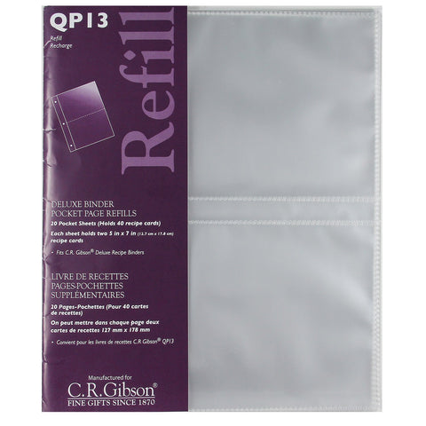 CR Gibson QP-13 Deluxe Binder pocket page refills, 20 pocket sheet (holds 40 recipe cards)