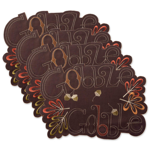 DII 100% Polyester, Thanksgiving, Fall Holiday Embroidered Placemats, 13x19 Set of 4 - Gobble Gobble